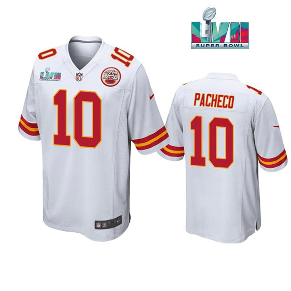 Men’s Kansas City Chiefs #10 Isaih Pacheco White Super Bowl LVII Patch Stitched Game Jersey